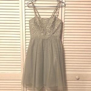 Alfred Angelo mint green, embroidered and tulle short bridesmaid dress